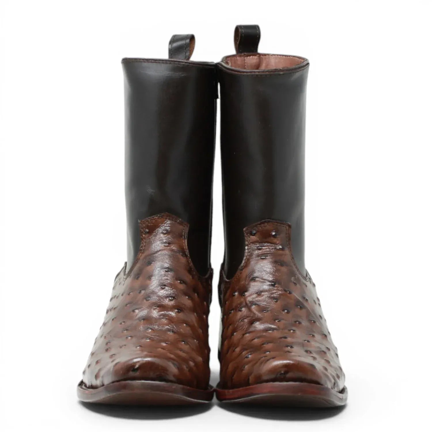Quincy Men's Ostrich Print Dubai Square Toe Short Boot with Zipper - Brown - Pair Front View