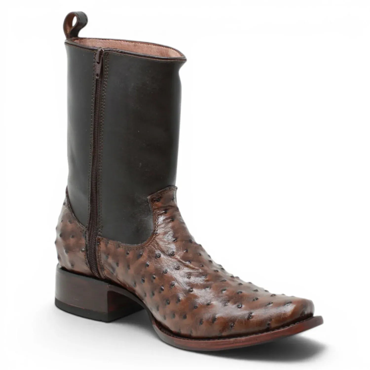 Quincy Men's Ostrich Print Dubai Square Toe Short Boot with Zipper - Brown - Side View
