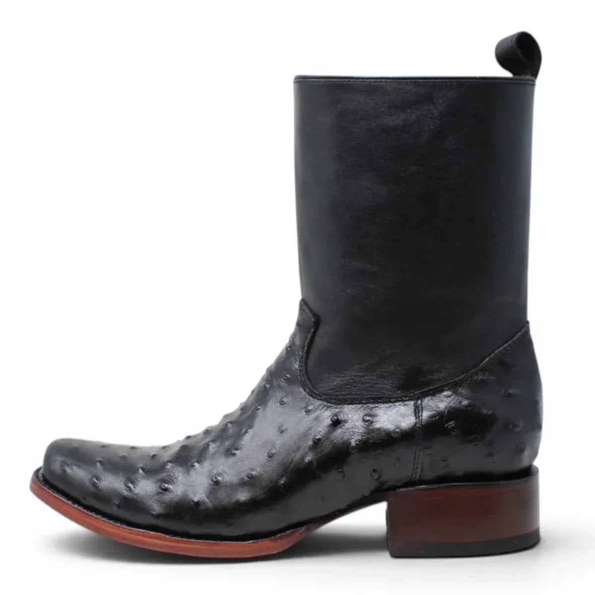 Quincy Men's Ostrich Print Dubai Square Toe Short Boot with Zipper - Black - Left Side View