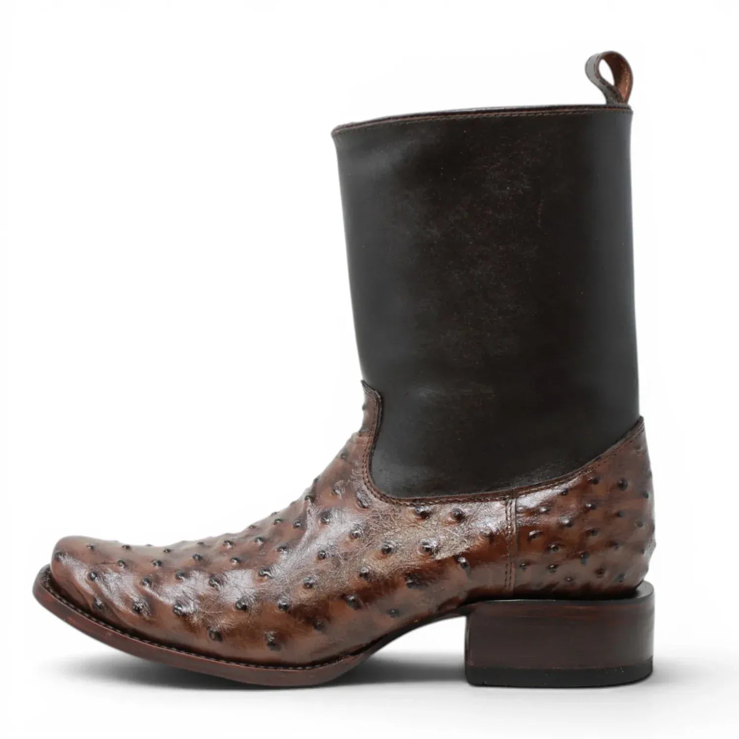 Quincy Men's Ostrich Print Dubai Square Toe Short Boot with Zipper - Brown - Left Side View