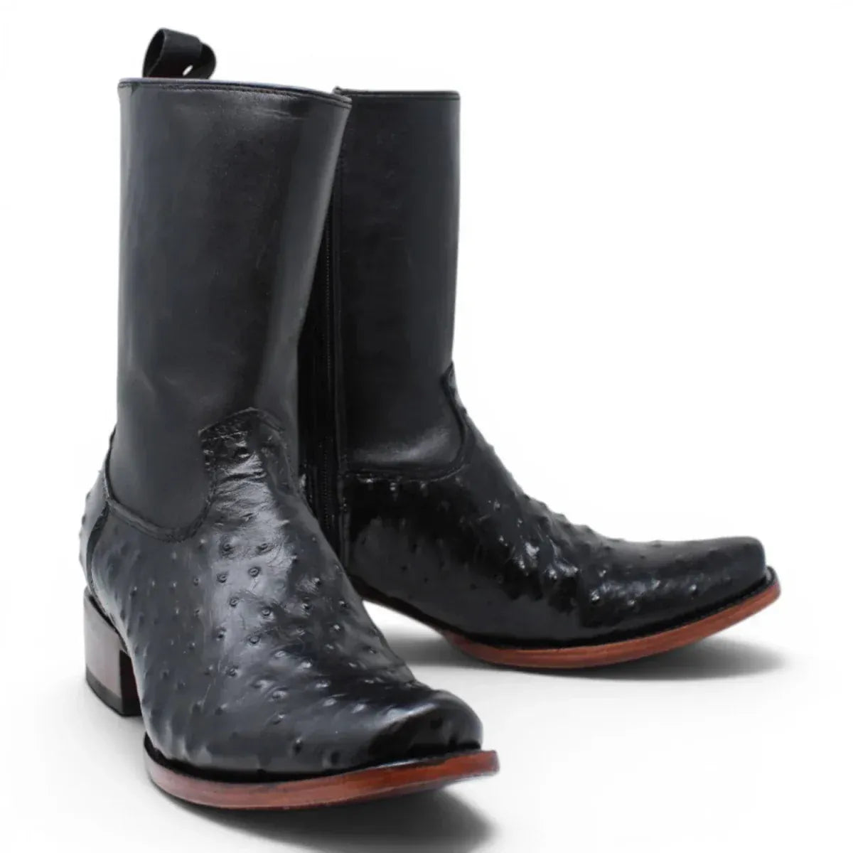Quincy Men's Ostrich Print Dubai Square Toe Short Boot with Zipper - Black - Pair Side View