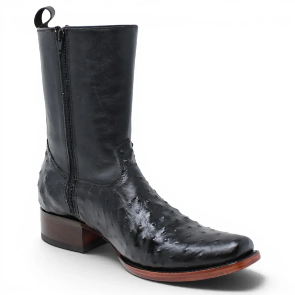 Quincy Men's Ostrich Print Dubai Square Toe Short Boot with Zipper - Black - Side View