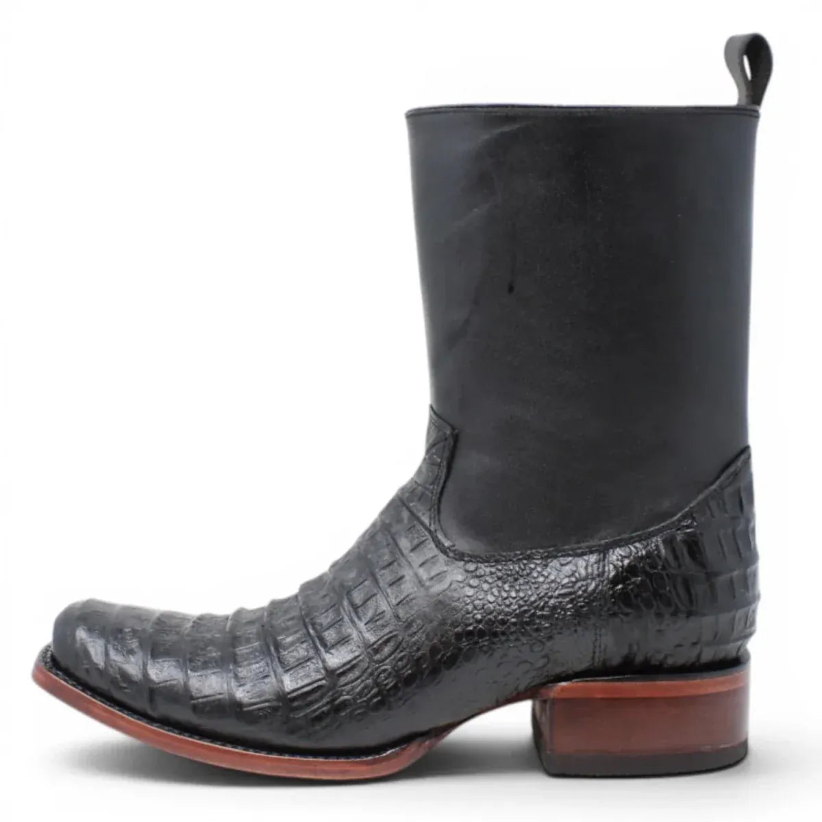 Quincy Men´s Caiman Belly Print Square Toe Dubai Short Boots with Zipper - Black - Left Side View