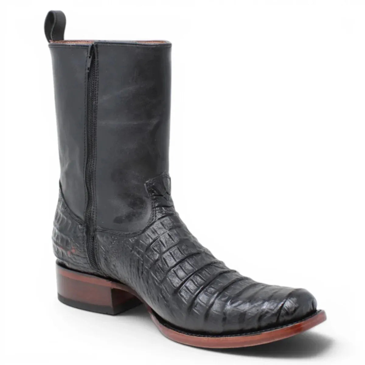 Quincy Men´s Caiman Belly Print Square Toe Dubai Short Boots with Zipper - Black - Side View