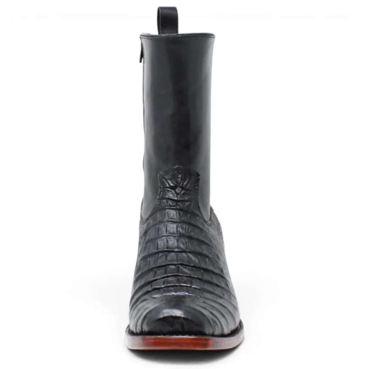Quincy Men´s Caiman Belly Print Square Toe Dubai Short Boots with Zipper - Black - Front View