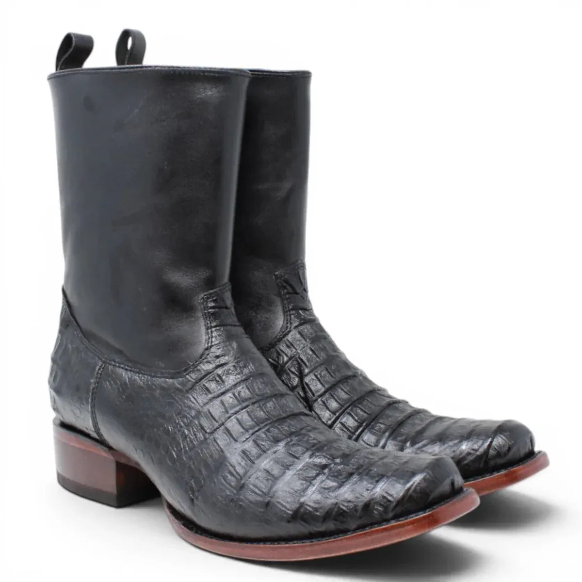 Quincy Men´s Caiman Belly Print Square Toe Dubai Short Boots with Zipper - Black - Pair Side View