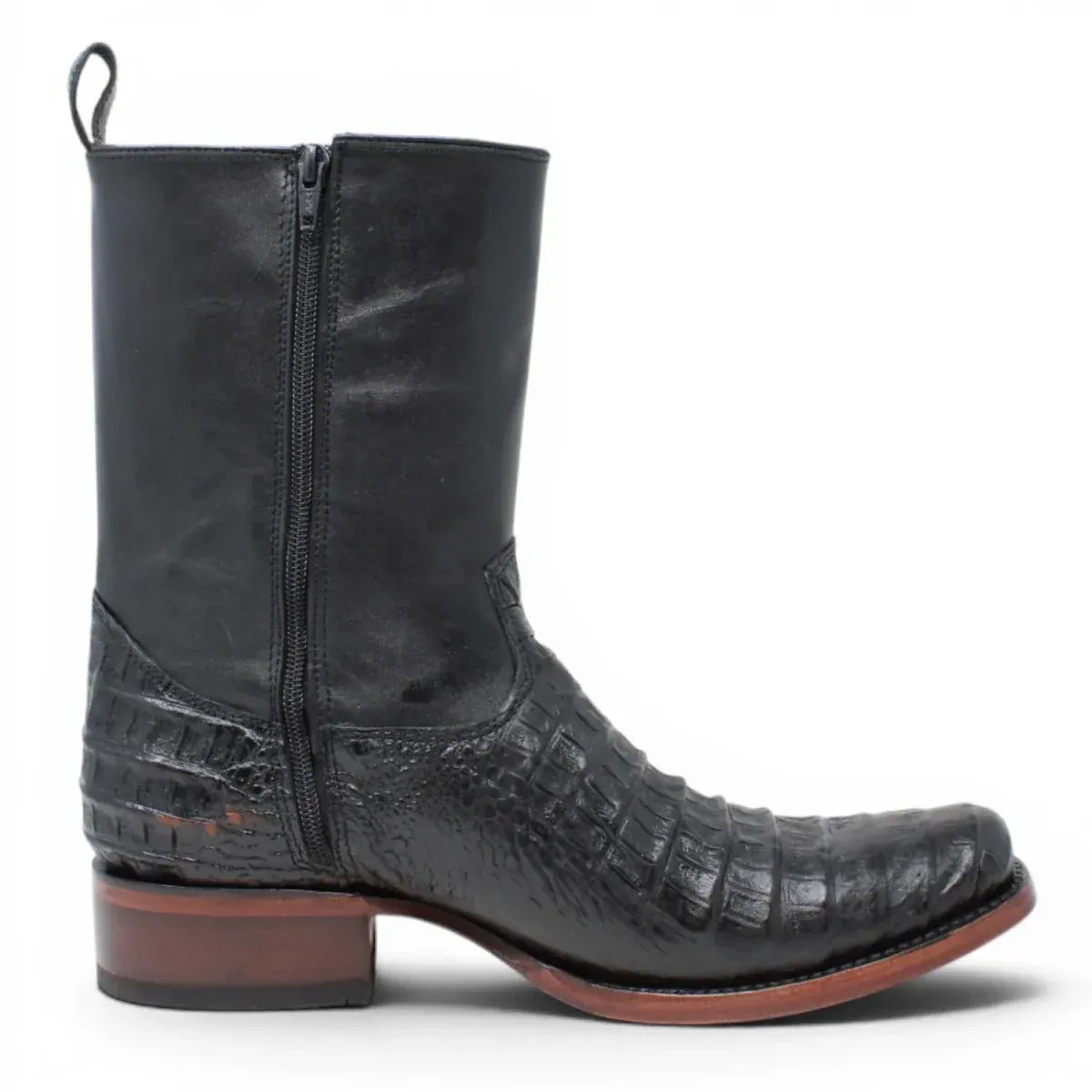 Quincy Men´s Caiman Belly Print Square Toe Dubai Short Boots with Zipper - Black - Right Side View