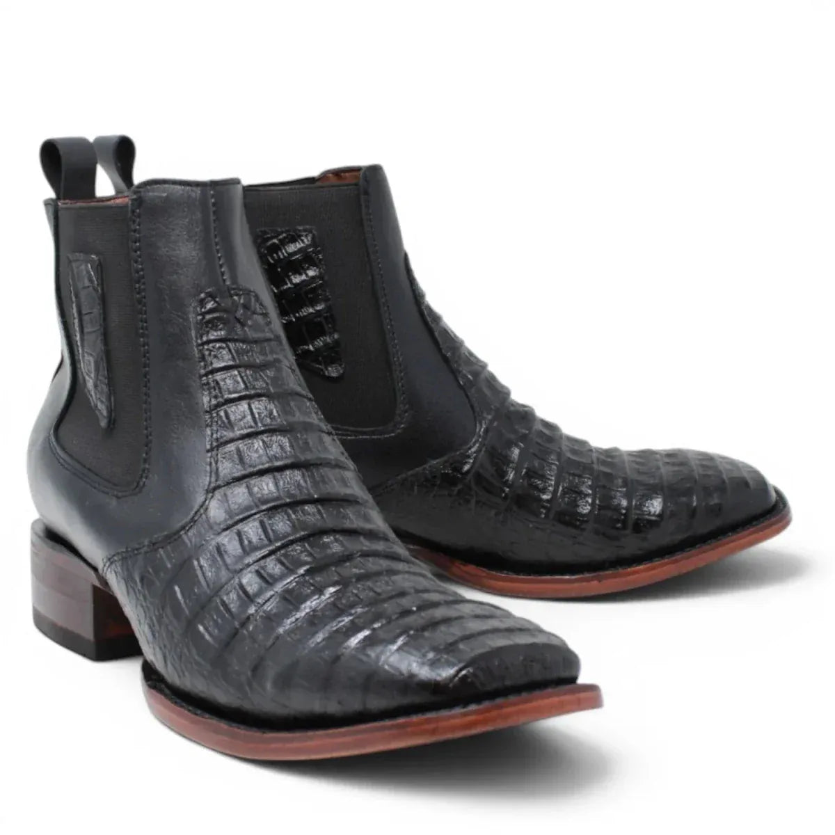 Quincy Men´s Caiman Hornback Print Square Toe Ankle Boots - Black - Pair Side View