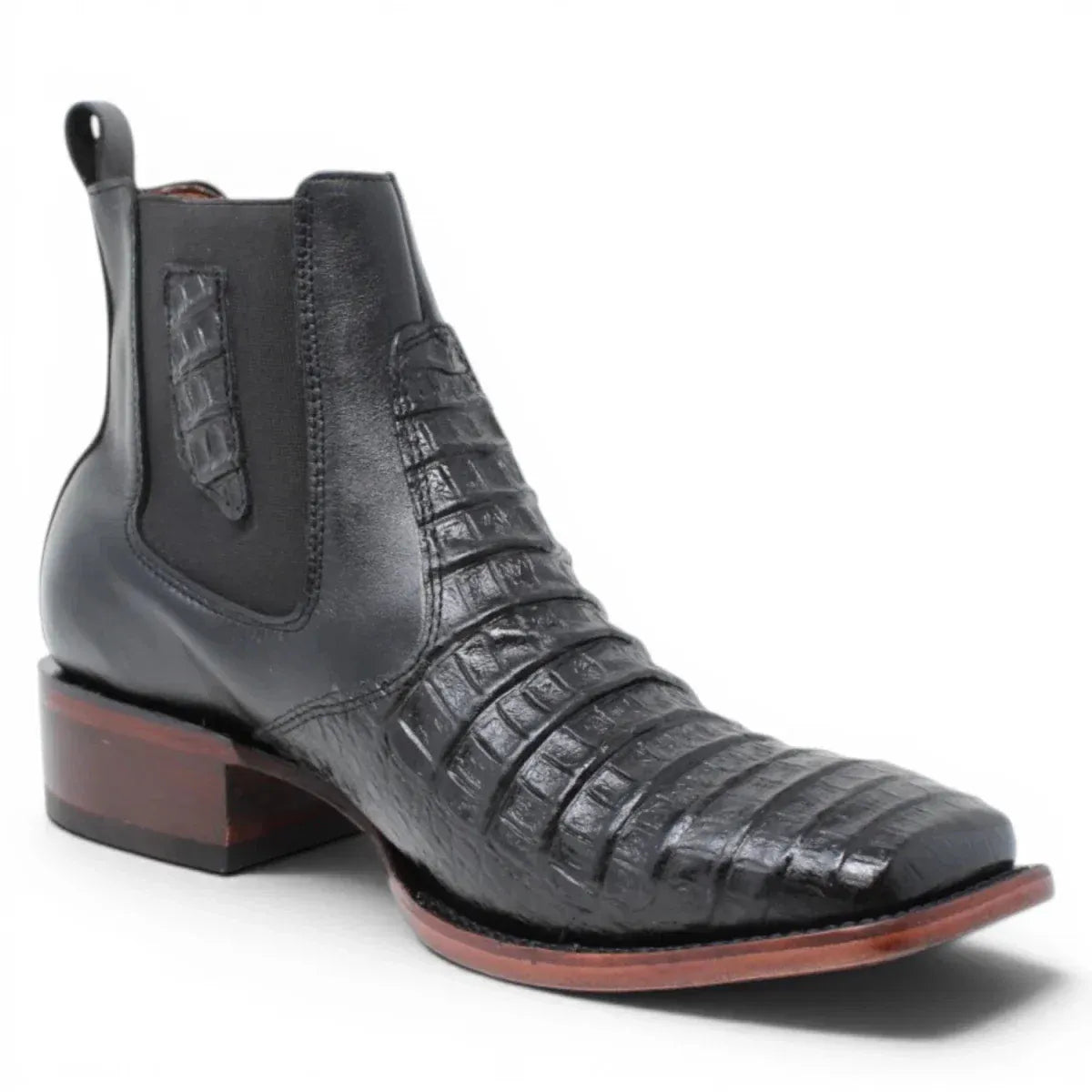 Quincy Men´s Caiman Hornback Print Square Toe Ankle Boots - Black - Side view