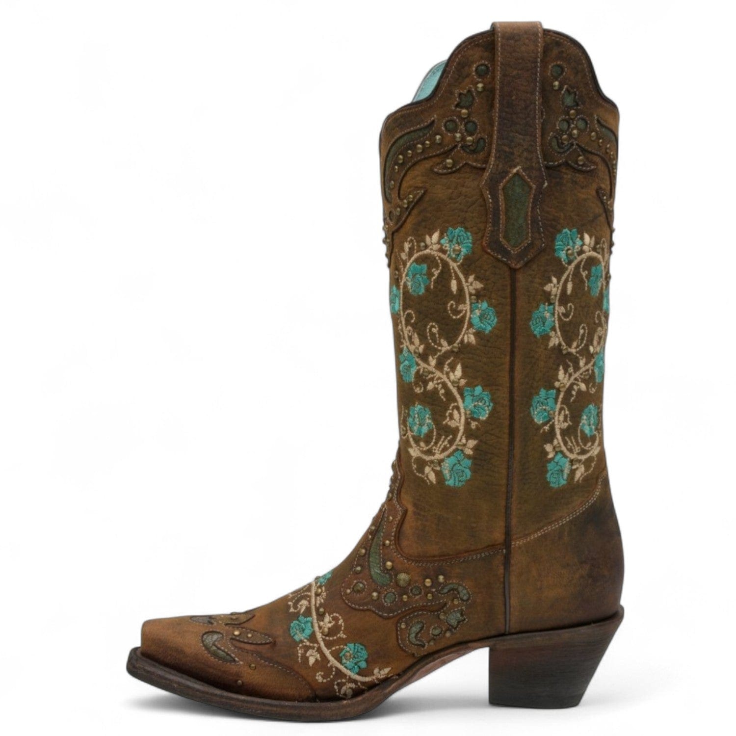 Rudel & Co. Boots Women's Genuine Leather Snip Toe Boots Pecan Brown With Flowers - Ive West