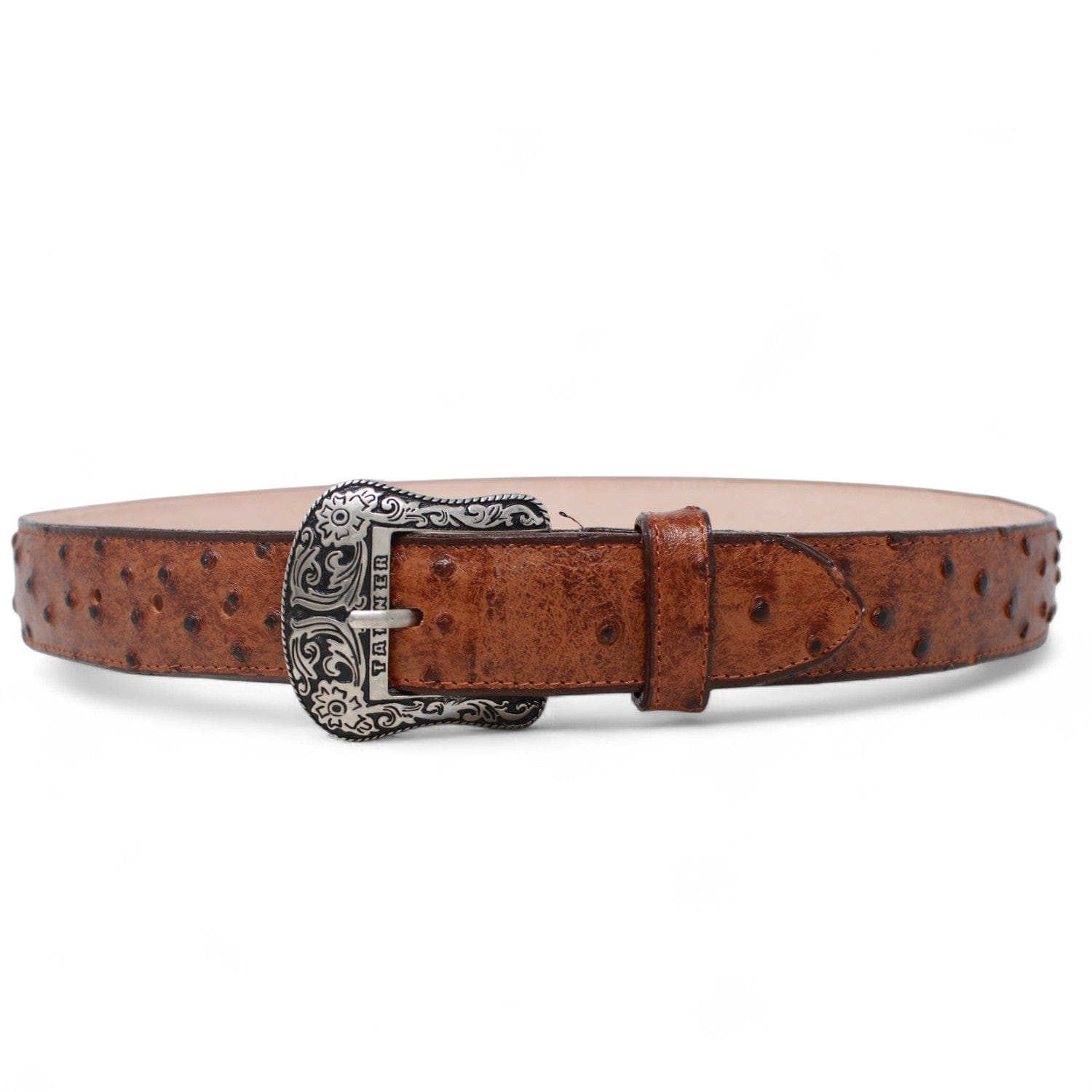 Tanner Mark Boots Belts Cinturón de Piel Genuina con Estampado de Avestruz y Hebilla Metálica Texas Cognac