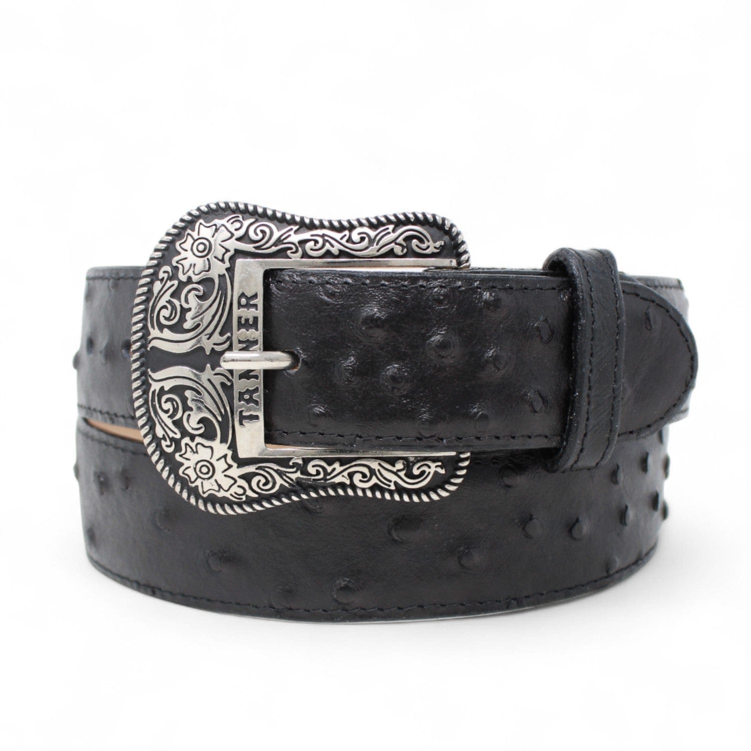 Tanner Mark Boots Belts Cinturón de Piel Genuina con Estampado de Avestruz y Hebilla Metálica Texas Negro