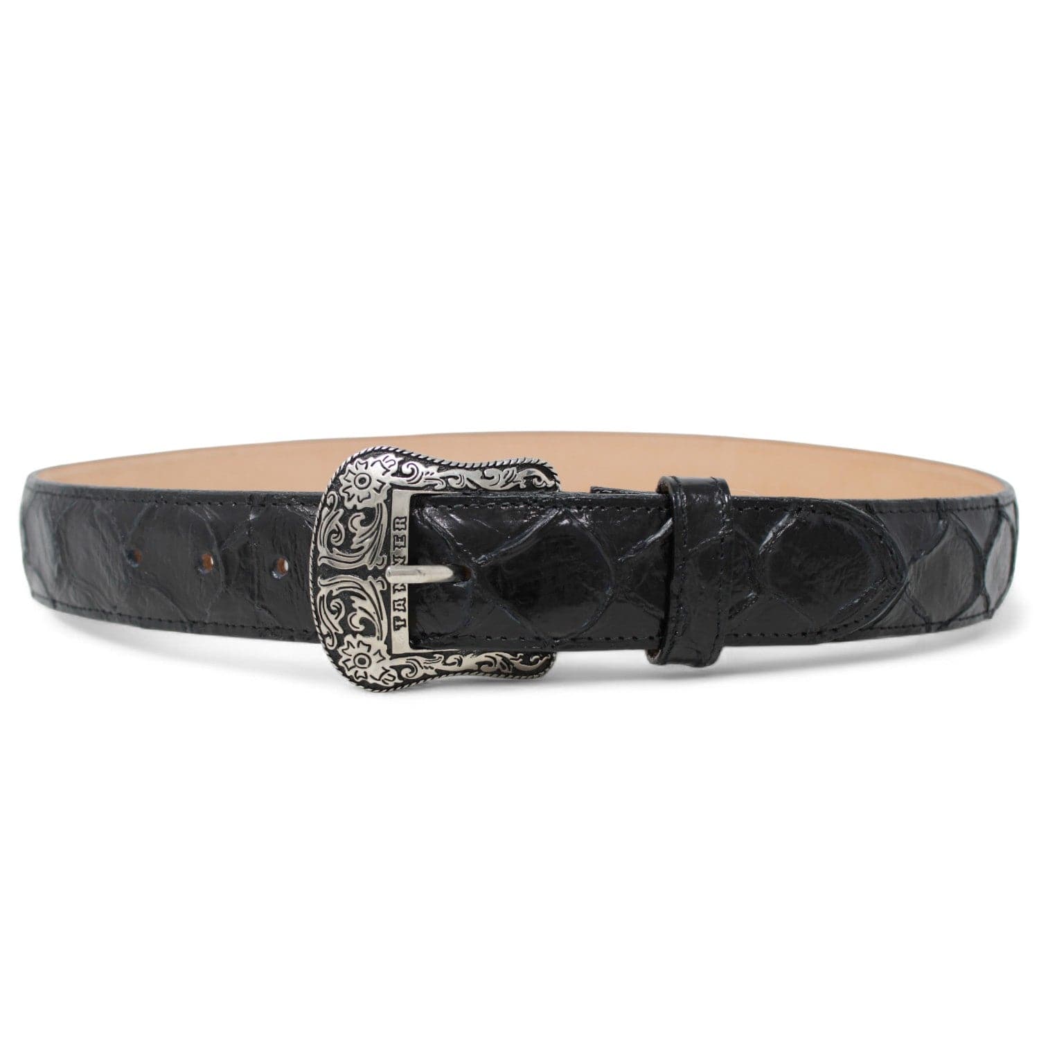 Tanner Mark Boots Belts Cinturón de Piel Genuina con Estampado de Pirarucu y Hebilla Metálica Texas Negro