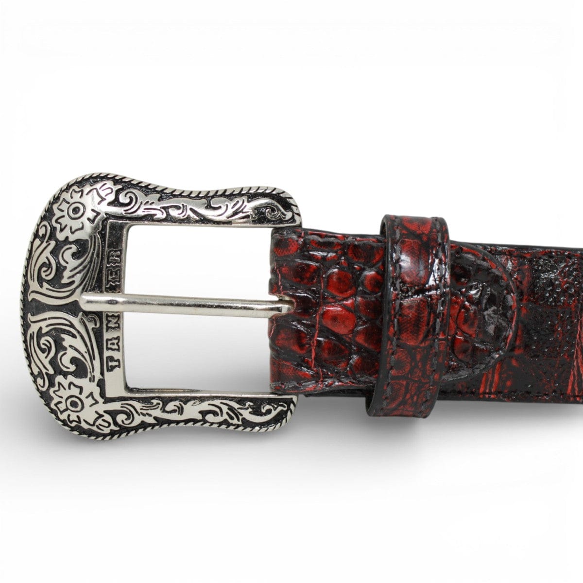 Tanner Mark Boots Belts Genuine Caiman Belly Skin Texas Metal Buckle Belt Black Cherry Color - Tanner Mark Boots