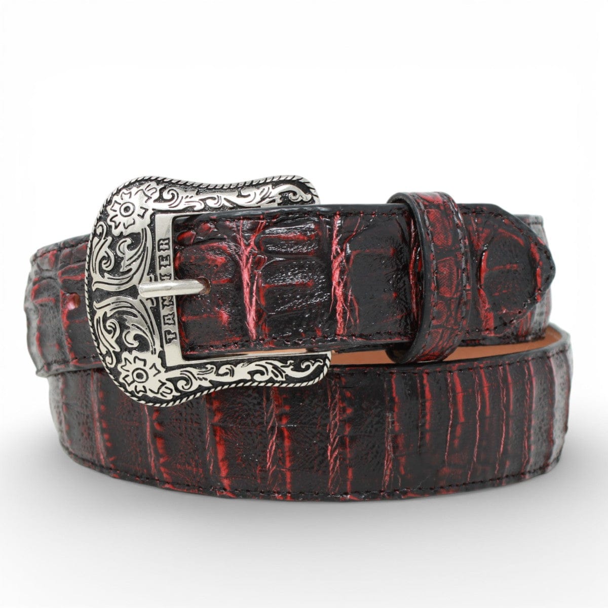 Tanner Mark Boots Belts Genuine Caiman Belly Skin Texas Metal Buckle Belt Black Cherry Color - Tanner Mark Boots