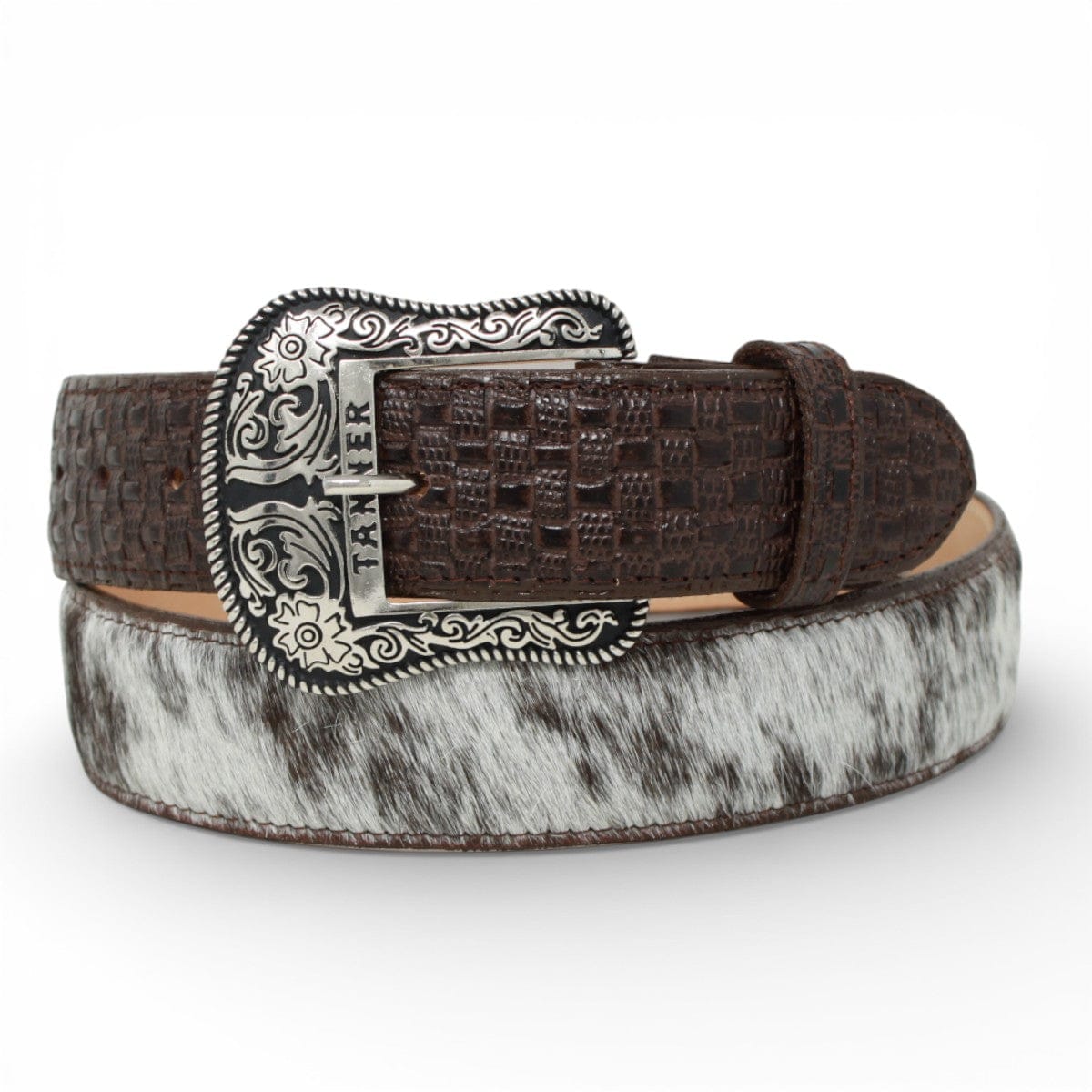 Tanner Mark Boots Belts Genuine Cowhide Leather with Hair Texas Metal Buckle Belt Brown Color - Tanner Mark Boots