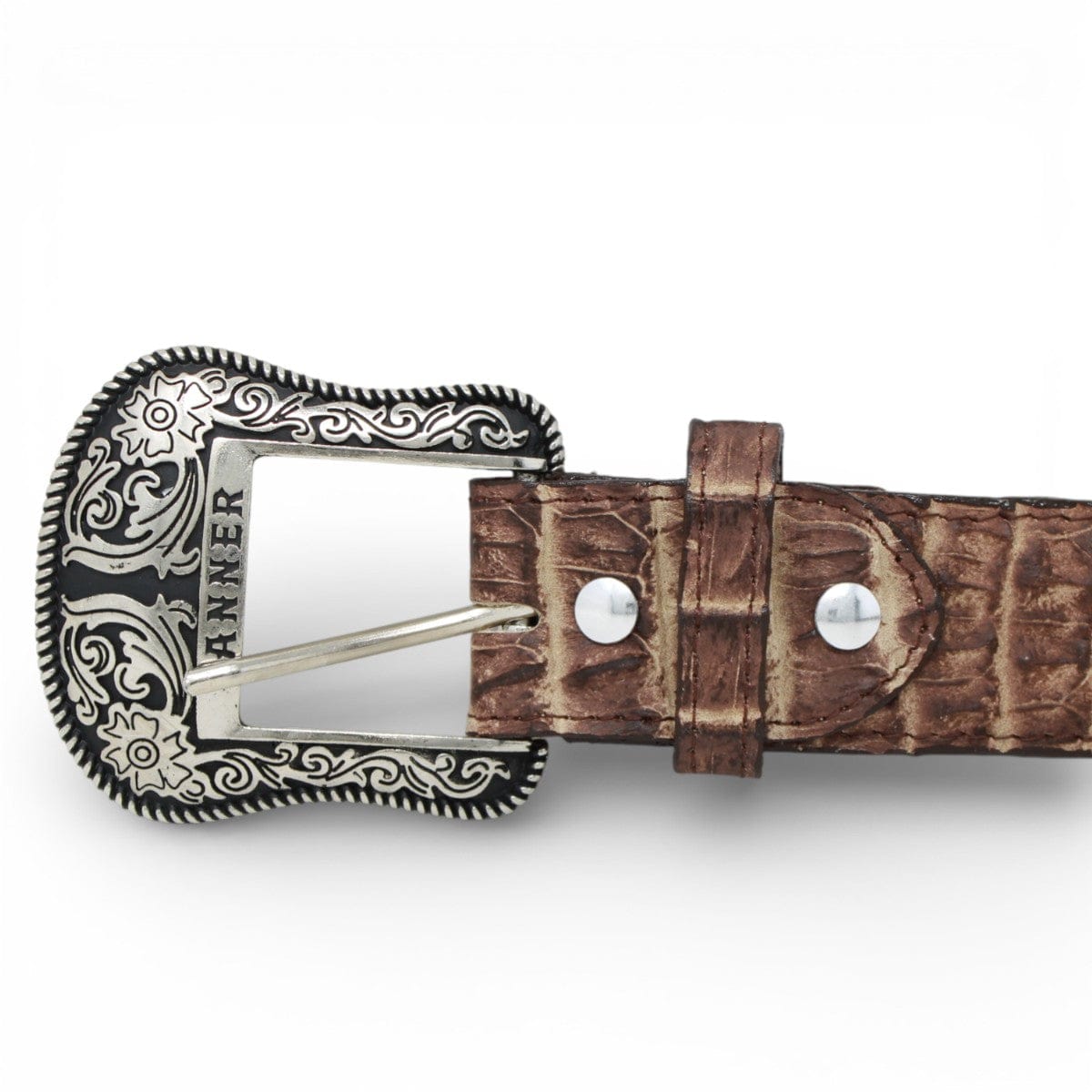 Tanner Mark Boots Belts Genuine Leather Caiman Belly Print Texas Metal Buckle Belt Brown Color - Tanner Mark Boots