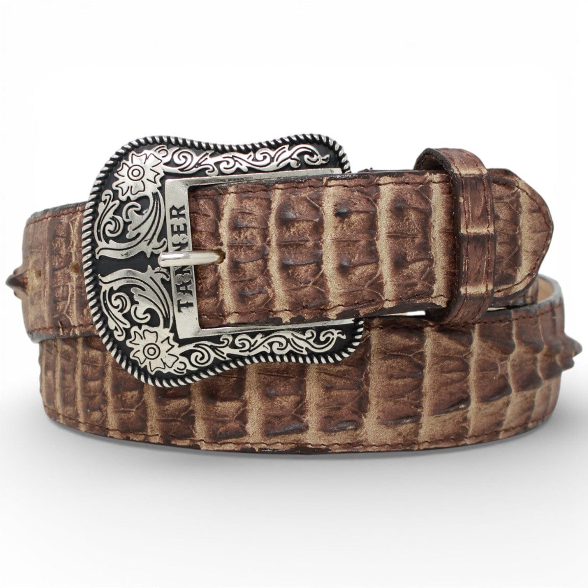 Tanner Mark Boots Belts Genuine Leather Caiman Belly Print Texas Metal Buckle Belt Brown Color - Tanner Mark Boots