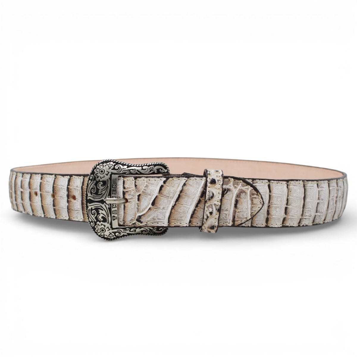 Tanner Mark Boots Belts Genuine Leather Caiman Belly Print Texas Metal Buckle Belt Natural Color - Tanner Mark Boots