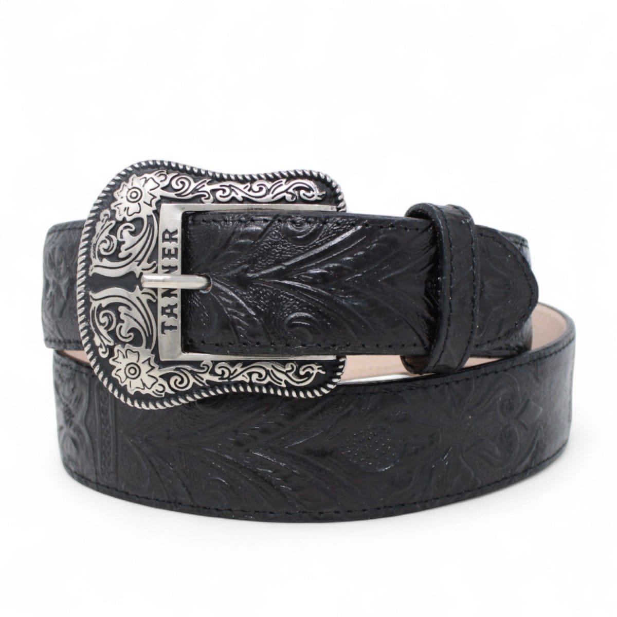 Tanner Mark Boots Belts Genuine Leather Floral Tooled Texas Metal Buckle Belt Black Color - Tanner Mark Boots