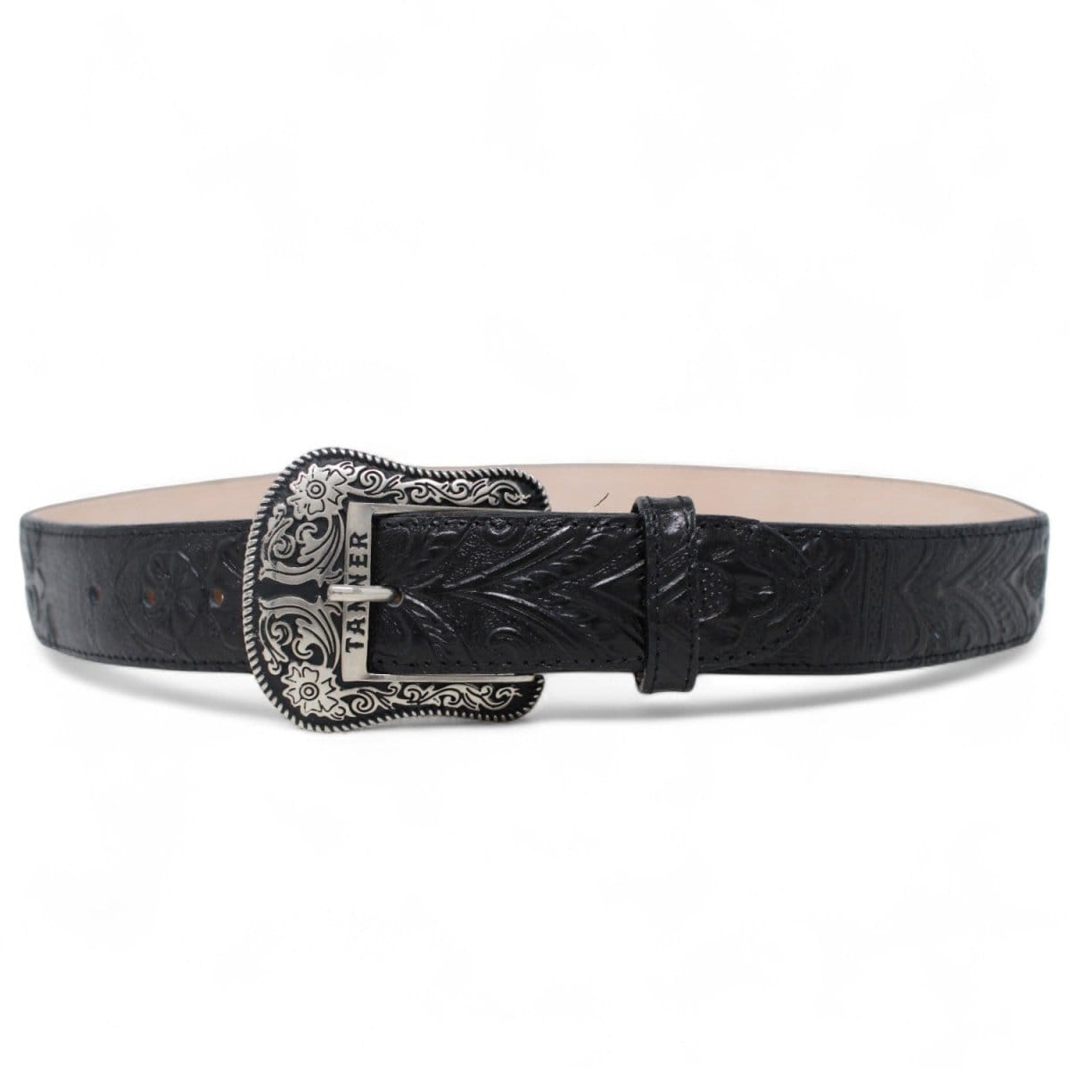 Tanner Mark Boots Belts Genuine Leather Floral Tooled Texas Metal Buckle Belt Black Color - Tanner Mark Boots