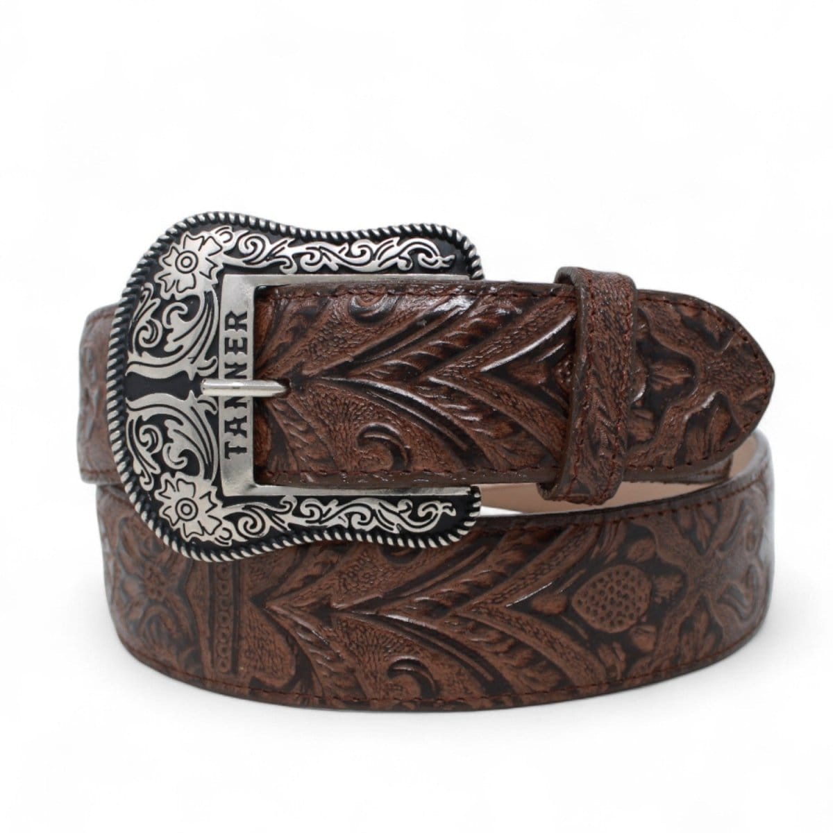 Tanner Mark Boots Belts Genuine Leather Floral Tooled Texas Metal Buckle Belt Brown Color - Tanner Mark Boots
