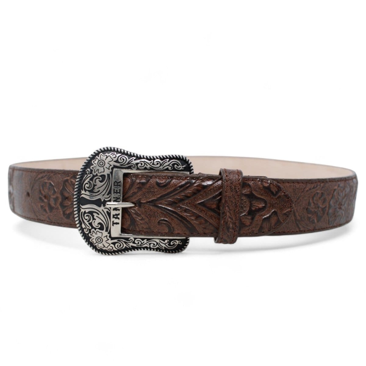 Tanner Mark Boots Belts Genuine Leather Floral Tooled Texas Metal Buckle Belt Brown Color - Tanner Mark Boots