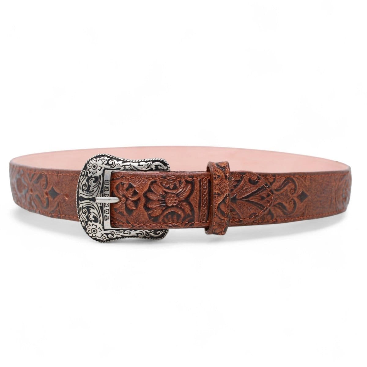 Tanner Mark Boots Belts Genuine Leather Floral Tooled Texas Metal Buckle Belt Cognac Color - Tanner Mark Boots