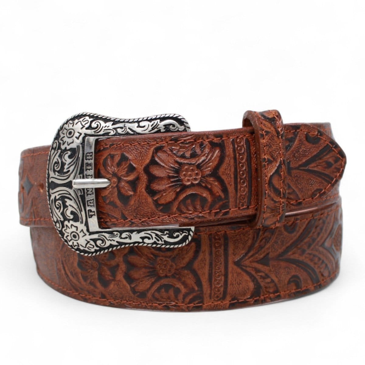 Tanner Mark Boots Belts Genuine Leather Floral Tooled Texas Metal Buckle Belt Cognac Color - Tanner Mark Boots