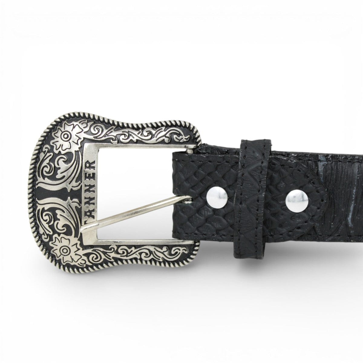 Tanner Mark Boots Belts Genuine Leather Jumbo Python Print Texas Metal Buckle Belt Black Color - Tanner Mark Boots
