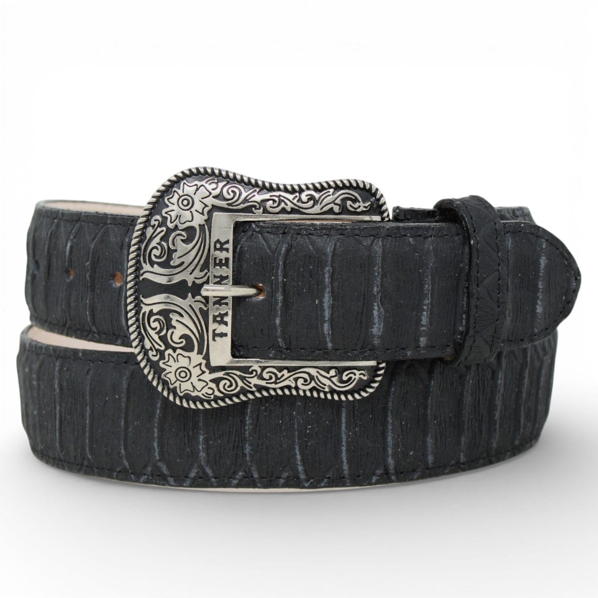 Tanner Mark Boots Belts Genuine Leather Jumbo Python Print Texas Metal Buckle Belt Black Color - Tanner Mark Boots