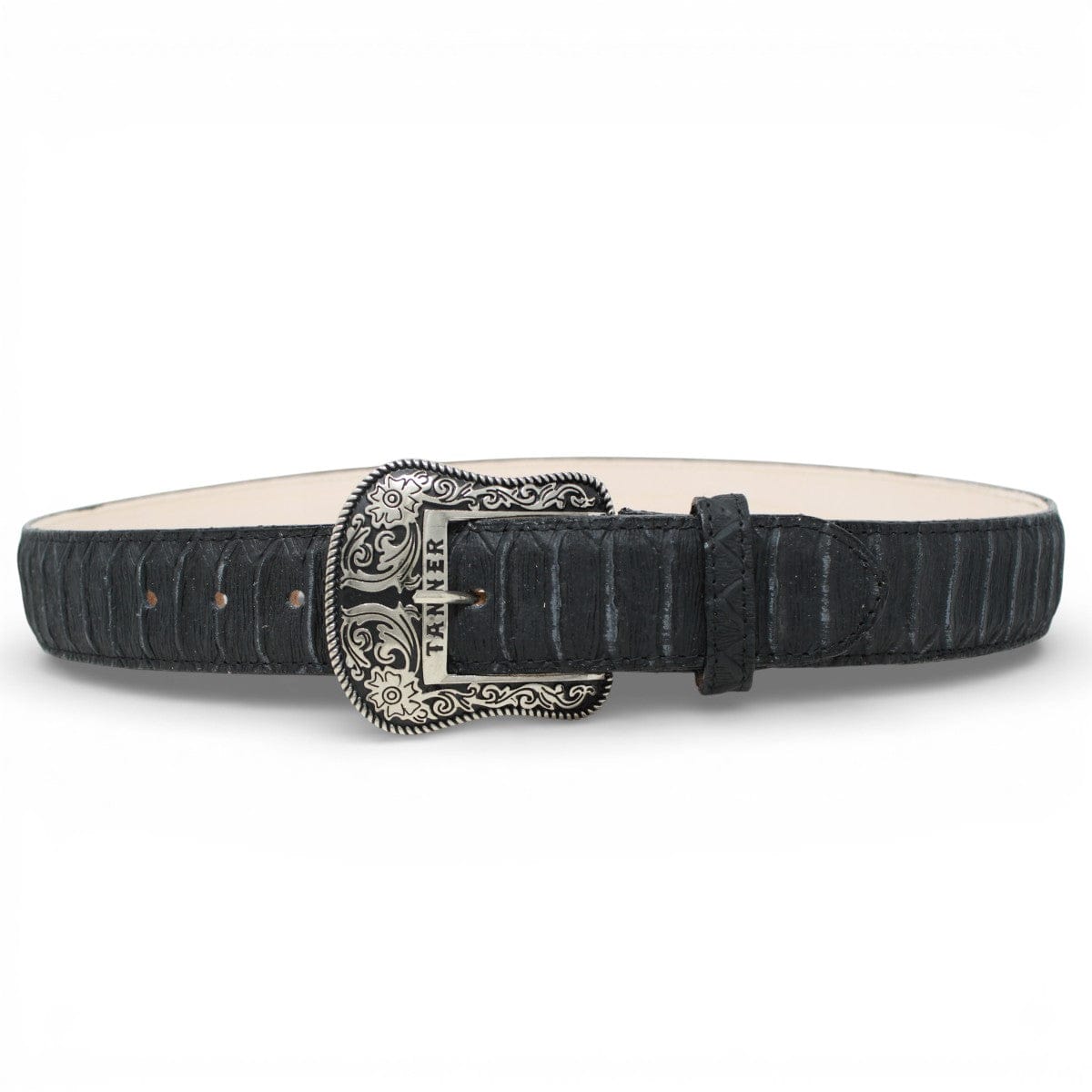 Tanner Mark Boots Belts Genuine Leather Jumbo Python Print Texas Metal Buckle Belt Black Color - Tanner Mark Boots