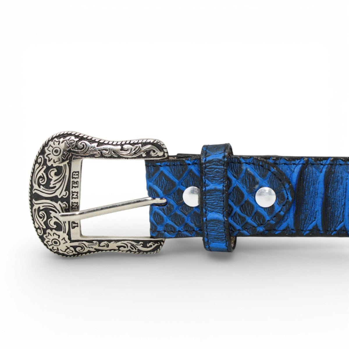 Tanner Mark Boots Belts Genuine Leather Jumbo Python Print Texas Metal Buckle Belt Blue Color - Tanner Mark Boots