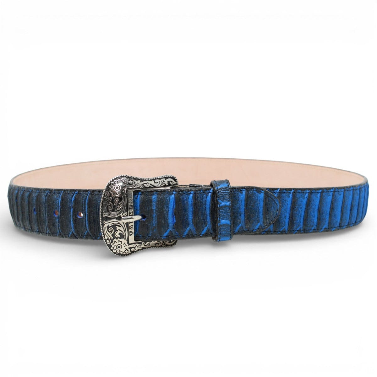 Tanner Mark Boots Belts Genuine Leather Jumbo Python Print Texas Metal Buckle Belt Blue Color - Tanner Mark Boots