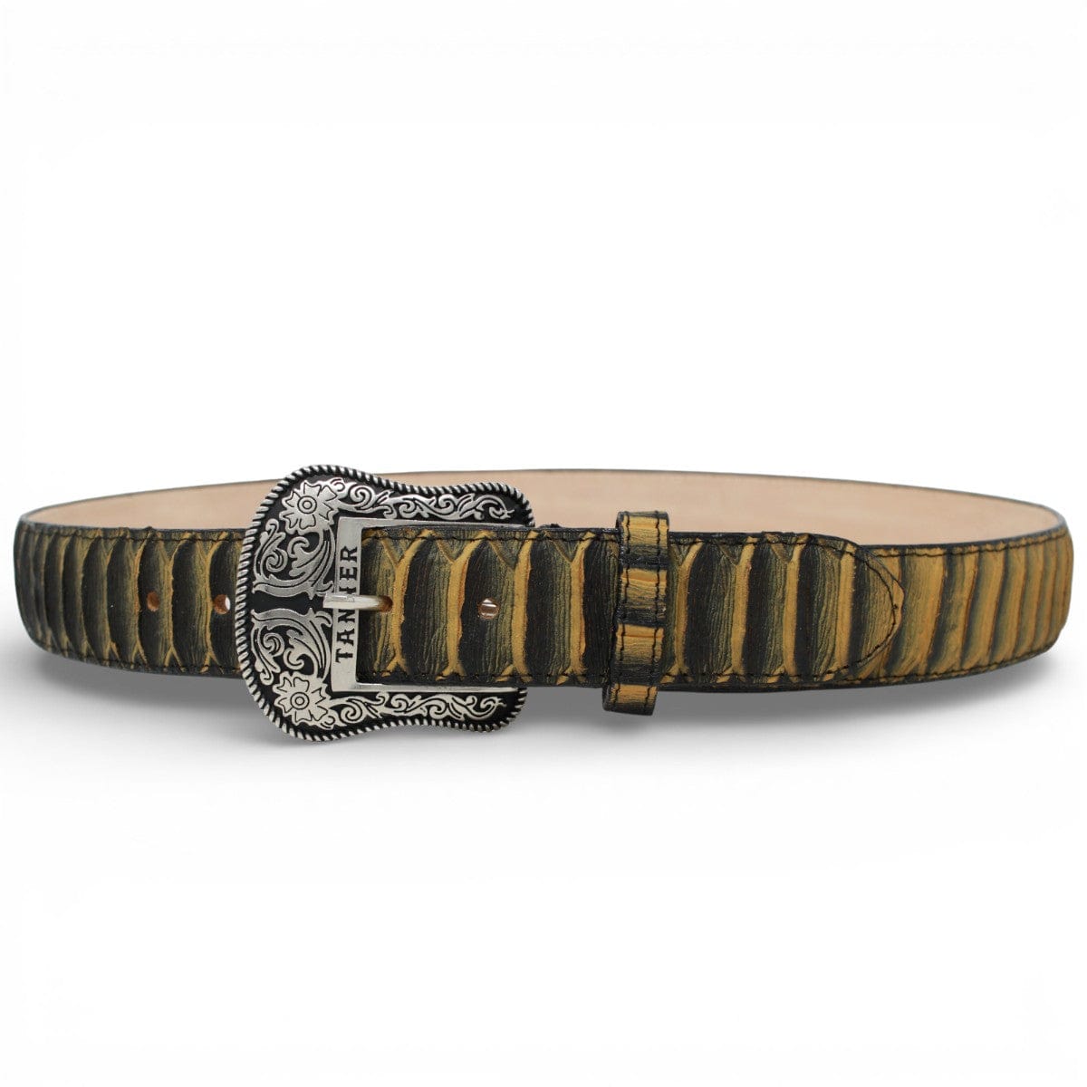 Tanner Mark Boots Belts Genuine Leather Jumbo Python Print Texas Metal Buckle Belt Honey Color - Tanner Mark Boots