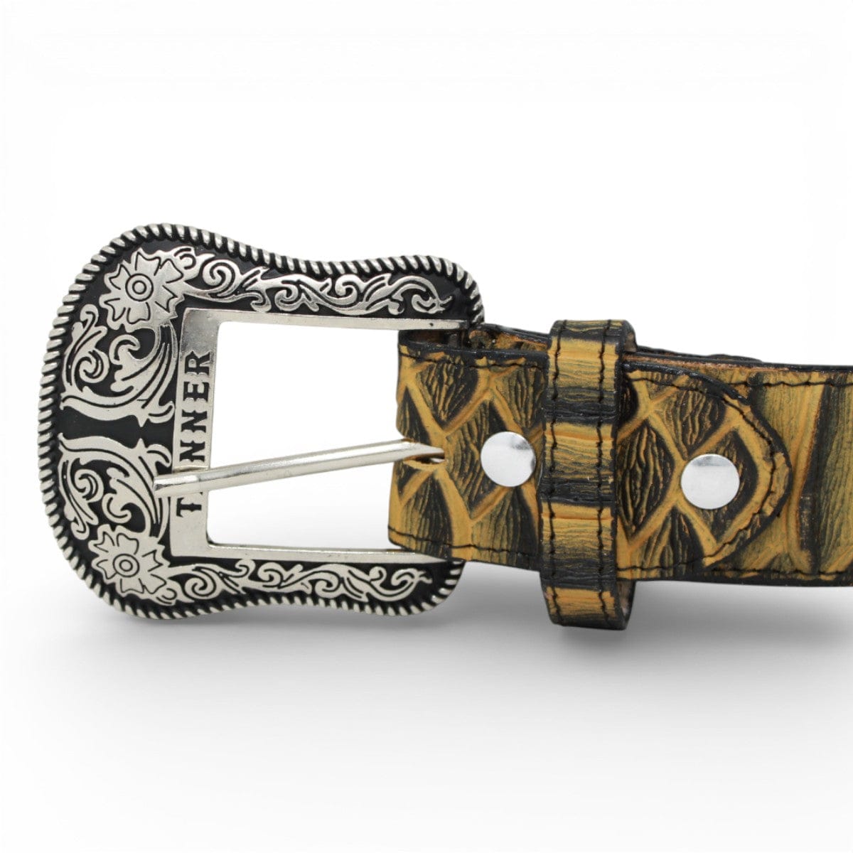Tanner Mark Boots Belts Genuine Leather Jumbo Python Print Texas Metal Buckle Belt Honey Color - Tanner Mark Boots