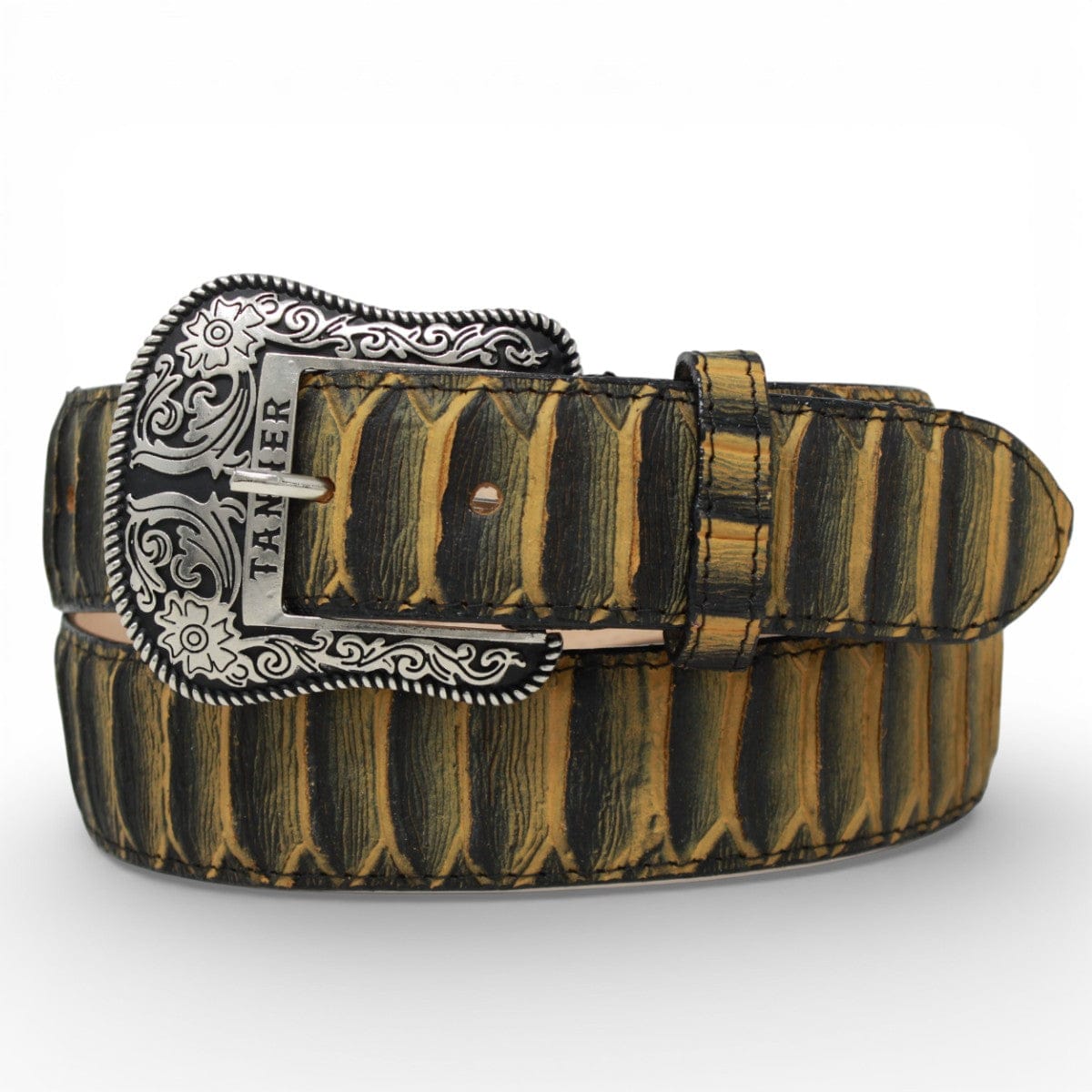 Tanner Mark Boots Belts Genuine Leather Jumbo Python Print Texas Metal Buckle Belt Honey Color - Tanner Mark Boots
