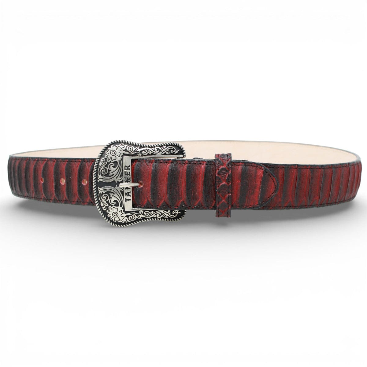 Tanner Mark Boots Belts Genuine Leather Jumbo Python Print Texas Metal Buckle Belt Red Color - Tanner Mark Boots