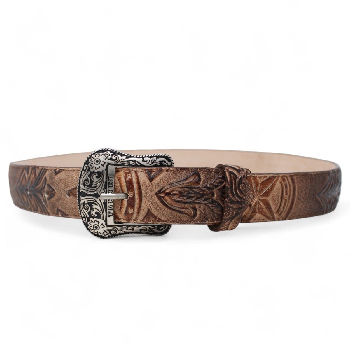 Tanner Mark Boots Belts Genuine Leather Star Tooled Texas Metal Buckle Belt Brown Color - Tanner Mark Boots