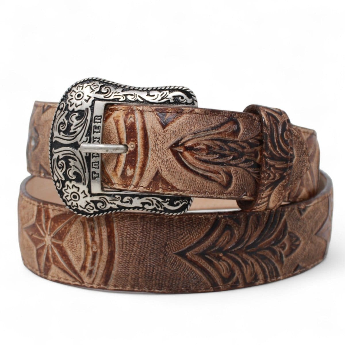 Tanner Mark Boots Belts Genuine Leather Star Tooled Texas Metal Buckle Belt Brown Color - Tanner Mark Boots