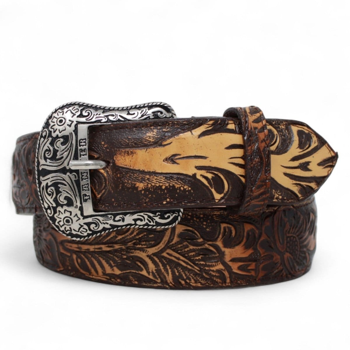 Tanner Mark Boots Belts Genuine Leather Tooled Texas Metal Buckle Belt Brown Color - Tanner Mark Boots