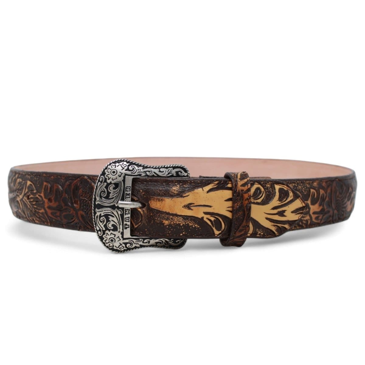 Tanner Mark Boots Belts Genuine Leather Tooled Texas Metal Buckle Belt Brown Color - Tanner Mark Boots