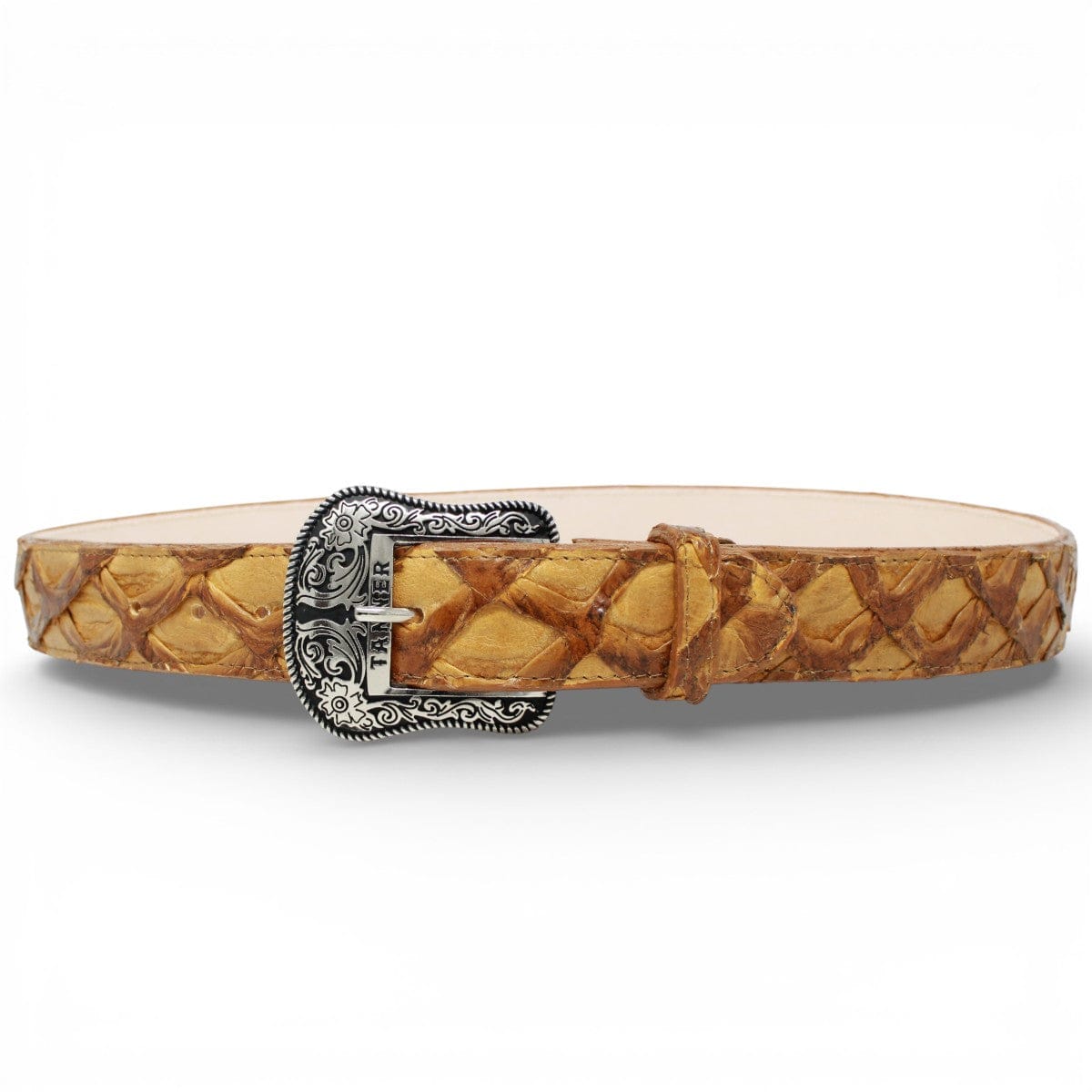 Tanner Mark Boots Belts Genuine Pirarucu Skin Texas Metal Buckle Belt Oryx Color - Tanner Mark Boots