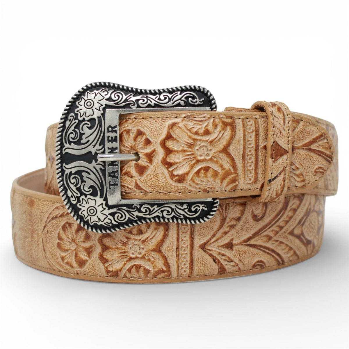 Tanner Mark Boots Belts Genuine Tooled Leather Texas Metal Buckle Belt Cognac Color - Tanner Mark Boots