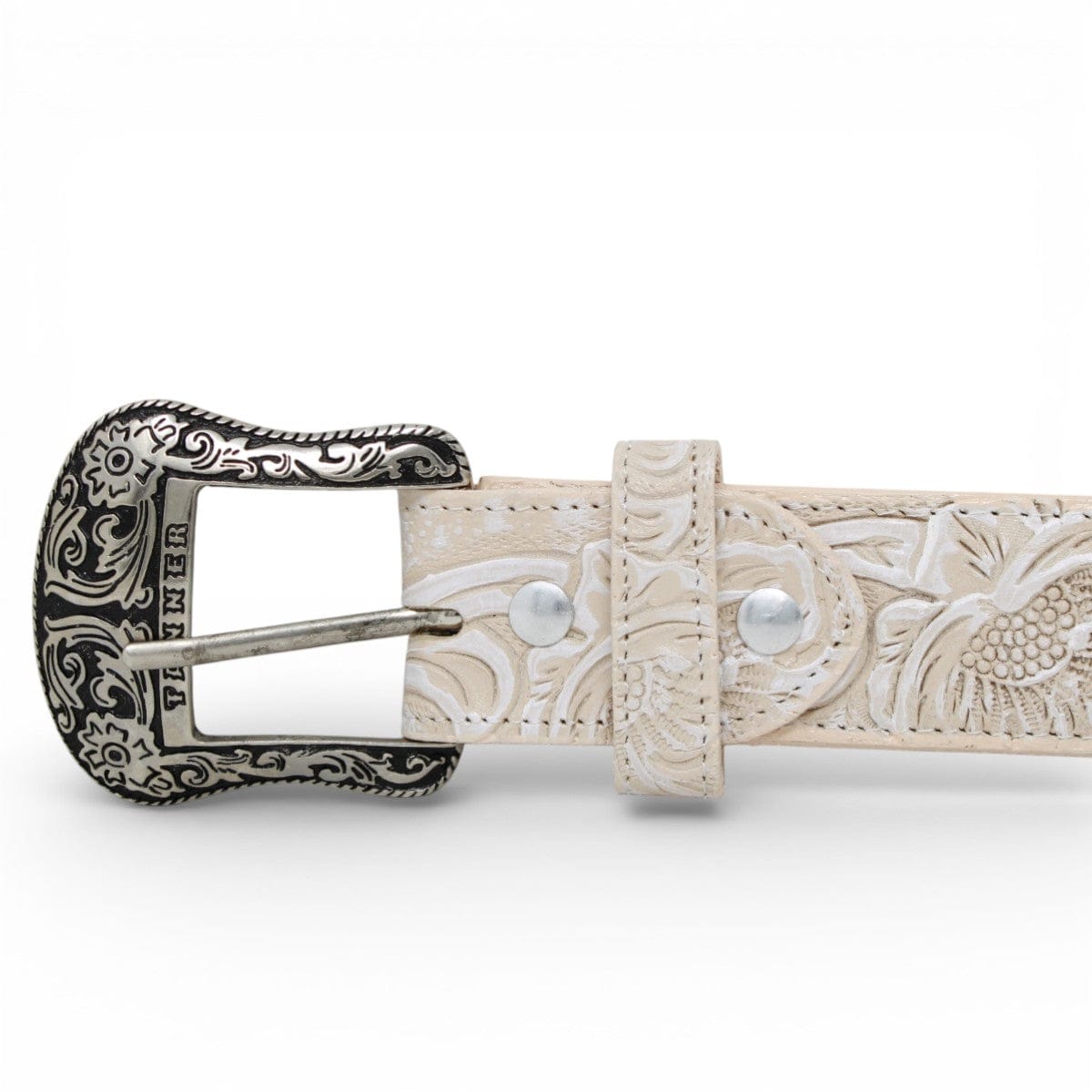 Tanner Mark Boots Belts Genuine Tooled Leather Texas Metal Buckle Belt White Color - Tanner Mark Boots