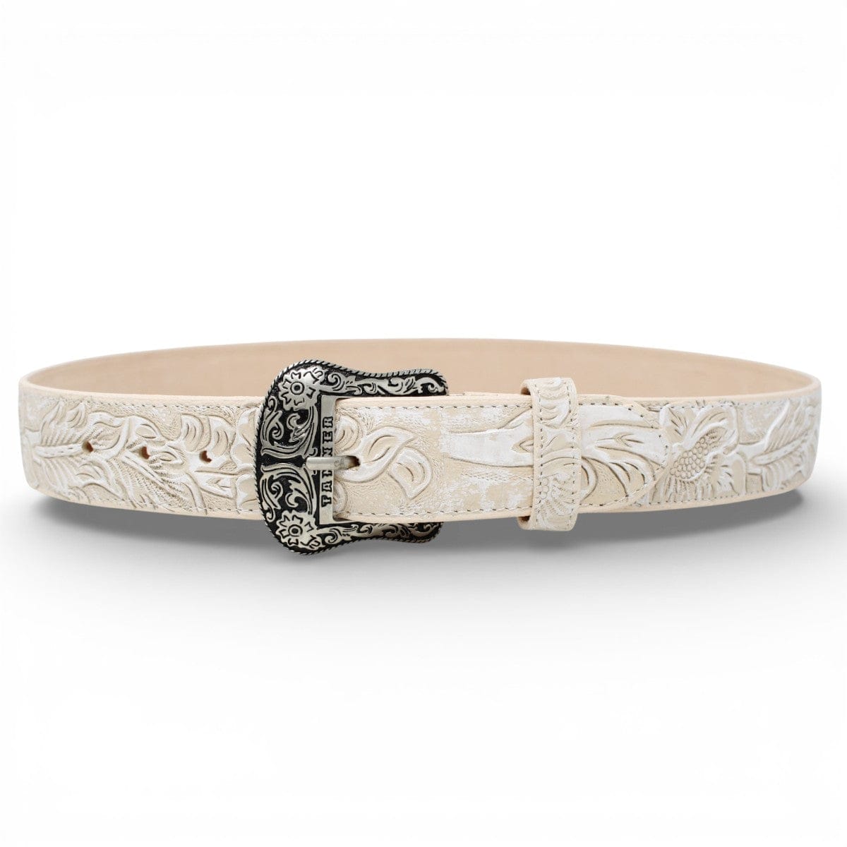Tanner Mark Boots Belts Genuine Tooled Leather Texas Metal Buckle Belt White Color - Tanner Mark Boots