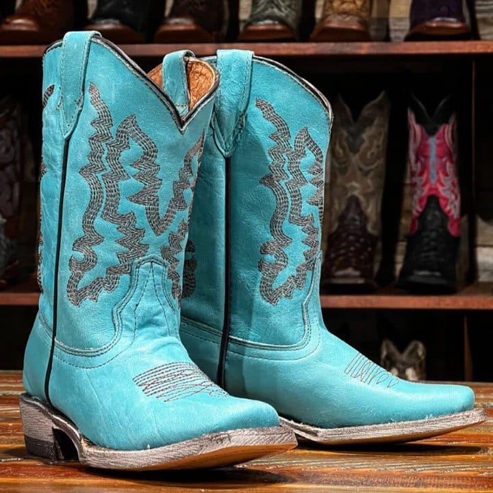 Tanner Mark Boots Boots Girl's Addy Genuine Leather Square Toe Boots in Turquoise - Tanner Mark Boots