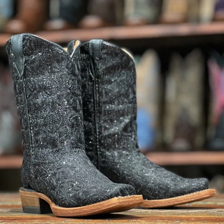 Tanner Mark Boots Boots Girl's Dakota Genuine Leather Square Toe Boots in Shimmer Black - Tanner Mark Boots
