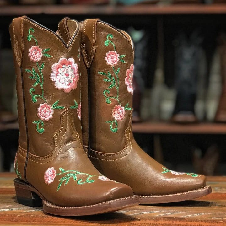 Tanner Mark Boots Boots Girl's Genova Rose Genuine Leather Square Toe Boots in Honey Brown - Tanner Mark Boots