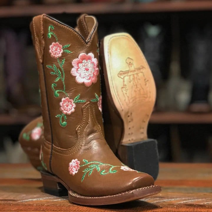 Tanner Mark Boots Boots Girl's Genova Rose Genuine Leather Square Toe Boots in Honey Brown - Tanner Mark Boots